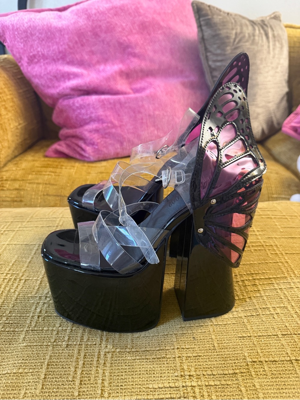 Dolls Kill Black Patent Platform Sandals with Pink Butterfly Wings - Picture 3 of 4